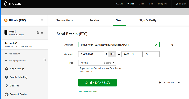 Trezor 發送Bitcoin